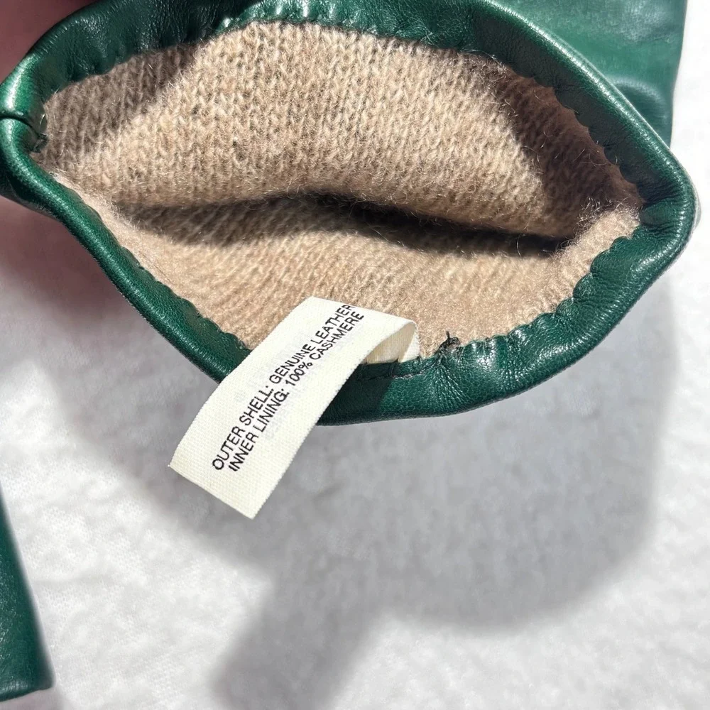 VTG Isotoner Gloves Green Leather Cashmere Winter Luxury Women Sz 8 Medium Large - Picture 6 of 8